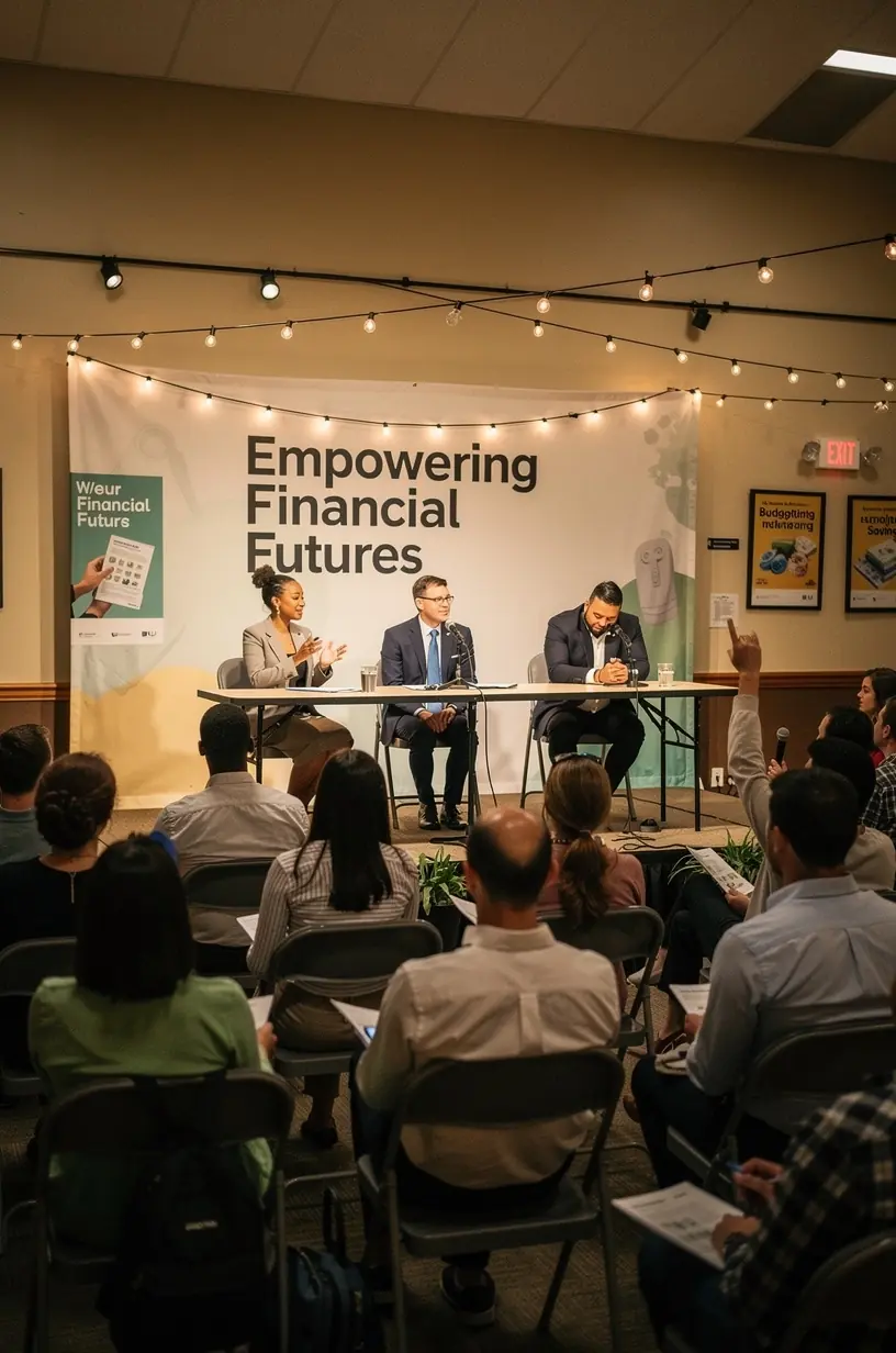 Fiatal pár átnézi pénzügyi tervezőjüket egy otthoni környezetben.