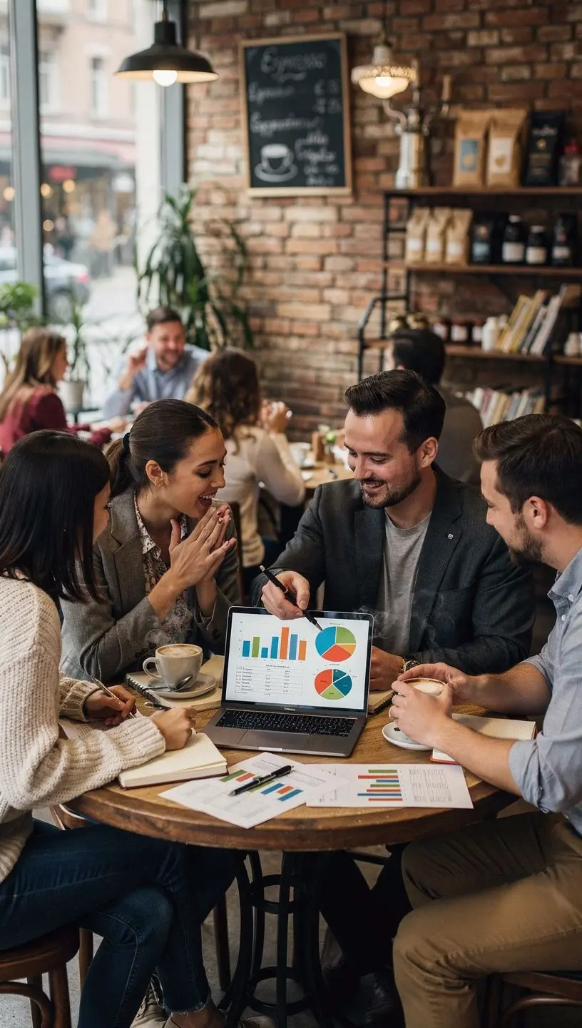 Közösségi klub tagjai pénzügyi könyveket böngésznek egy barátságos környezetben.